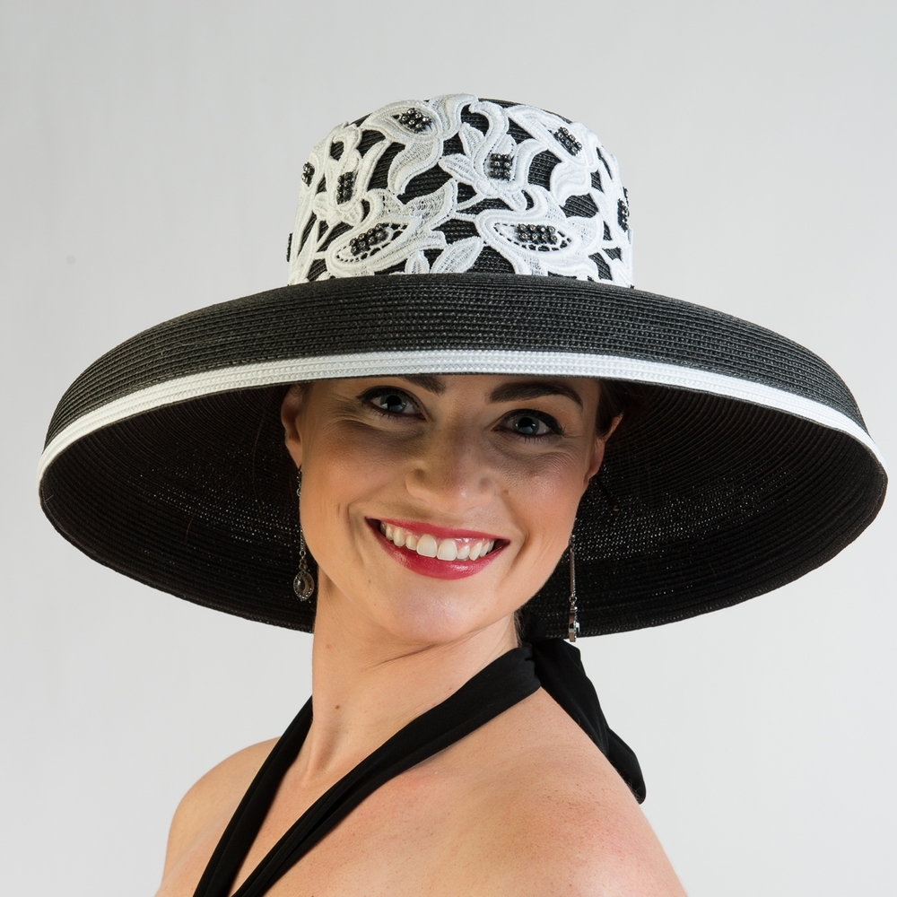 Beloved Millinery Elegant Black White Wide-Brim Hat Church Brunch Equine Funeral